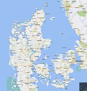 Danmarkskort med Peders rute.